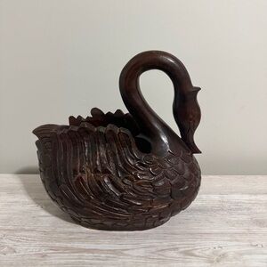 Vintage Hand Carved Swan Planter ~ Dark Wood ~